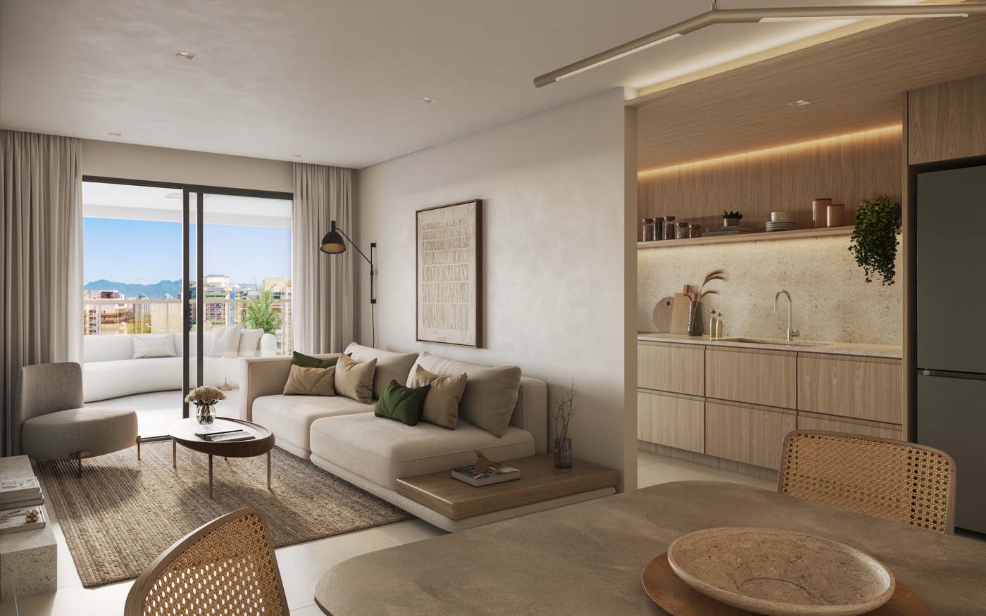 Living integrado à cozinha em apartamento de 2 quartos