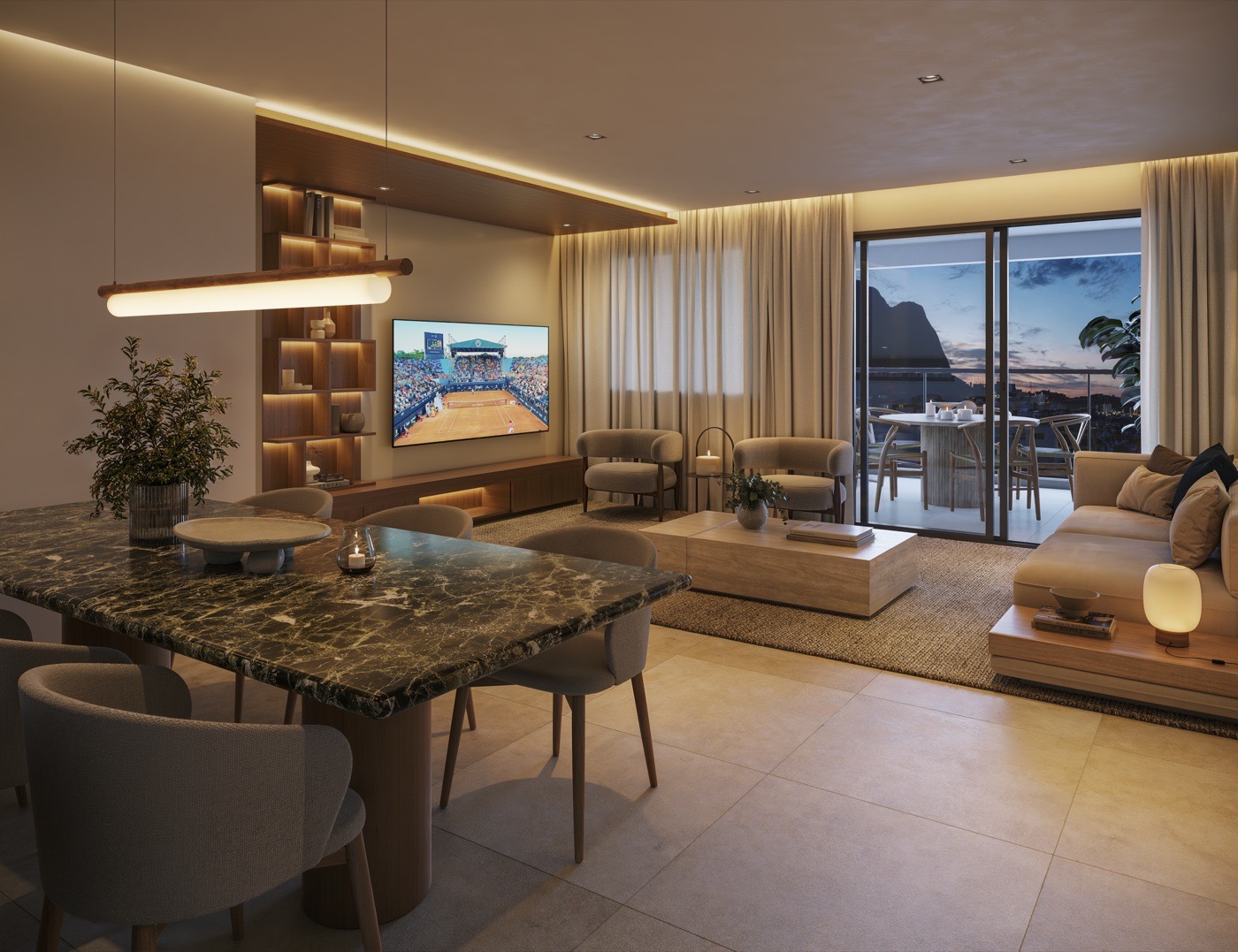Living de apartamento de 4 suítes ao entardecer