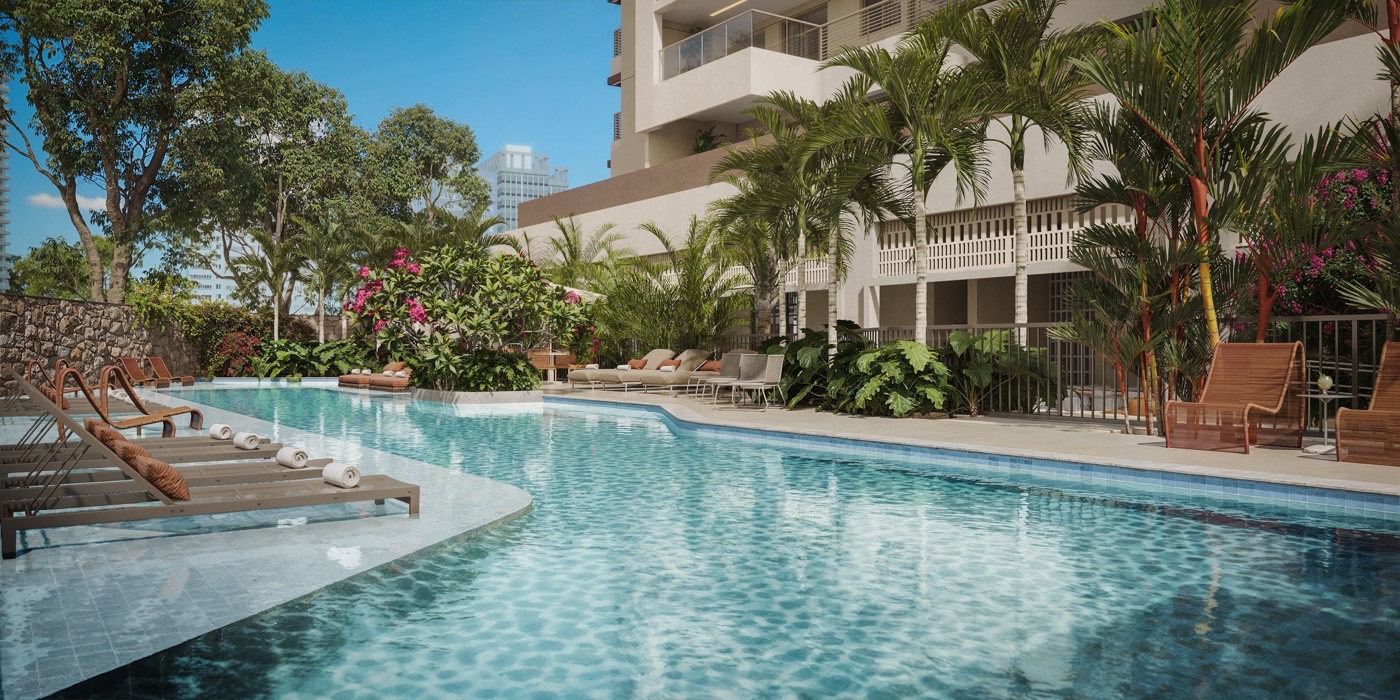 Piscina externa do Kronos cercada por paisagismo