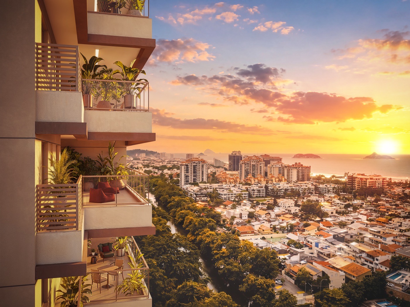 Varandas do Kronos com vista aérea da Barra da Tijuca ao pôr do sol